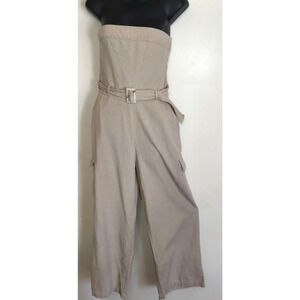Sim & Sam Linen Blend Strapless Jumpsuit Romper Women's M Oatmeal Beige Belted